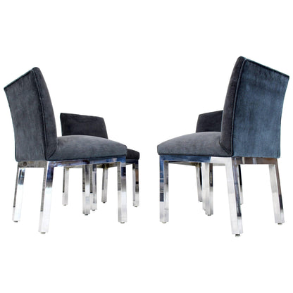 Set of Four Chrome and Mohair Upholstery Dining Side Chairs