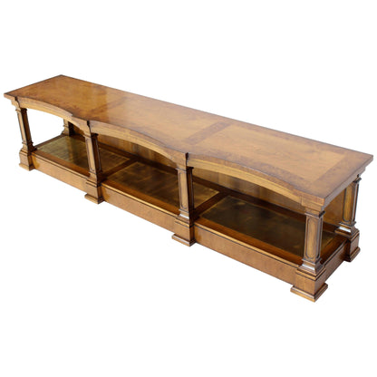 Low Profile Burl Wood Banded Credenza Display Bench or Table with Brass Shelf