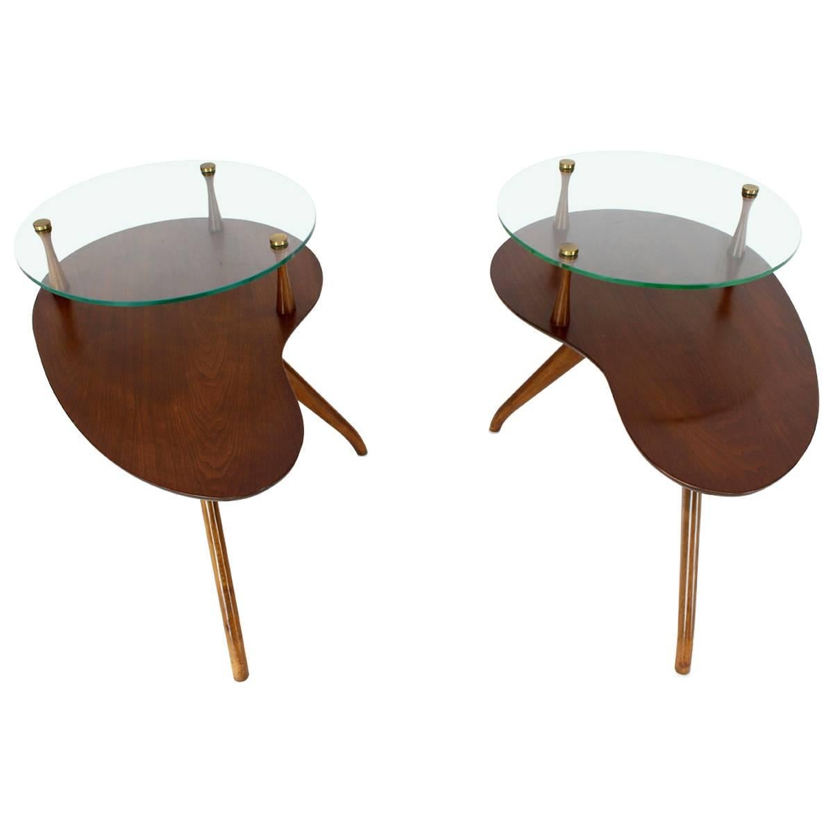 Pair of Kidney Organic Shape Two-Tier Tri-Legged Side Tables