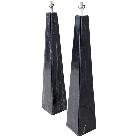 Pair of Black Marble Obelisk Shape Floor Lamps