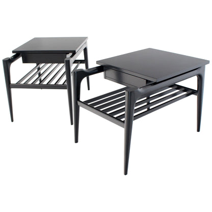 Pair of Black Ebonised One Drawer End Nightstands with Magazine Rack Sculptural