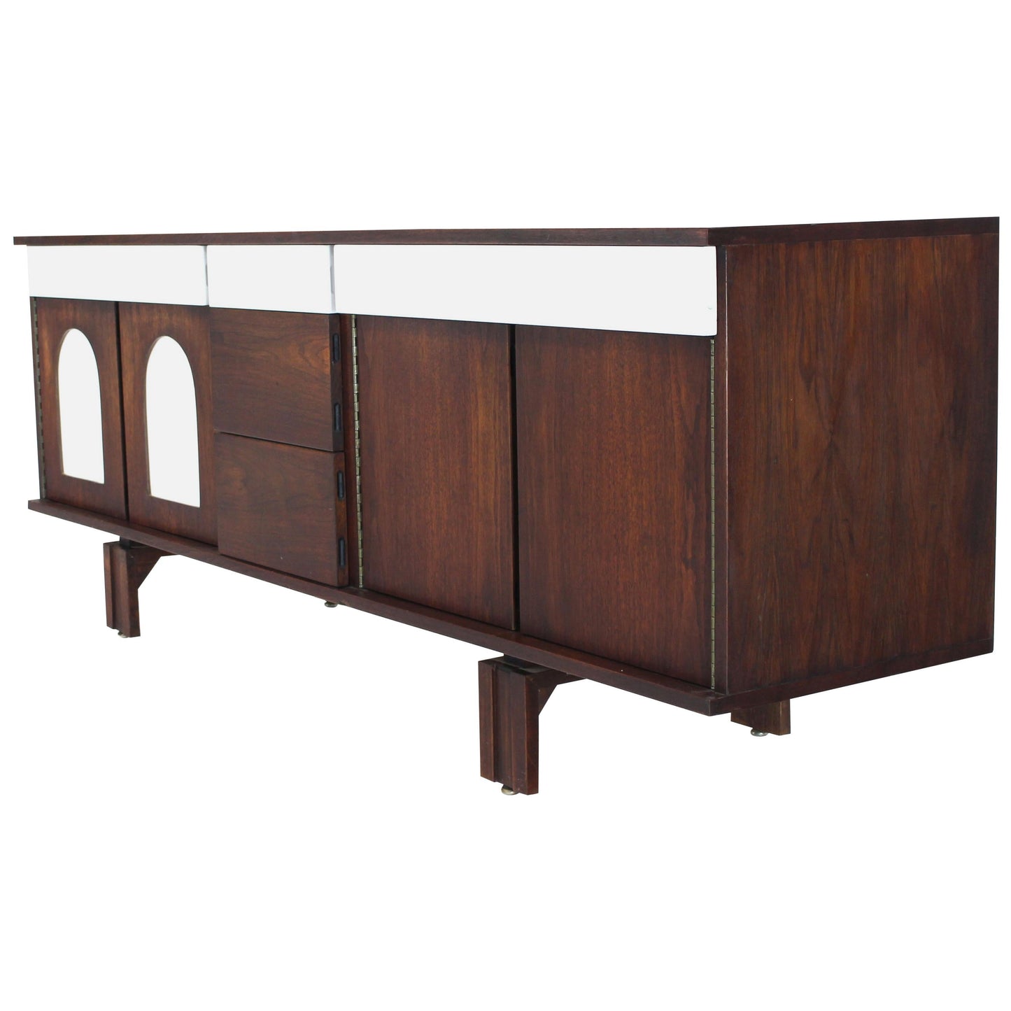 Two-Tone White Lacquer Oiled Walnut Low Long Credenza Dresser Cabinet