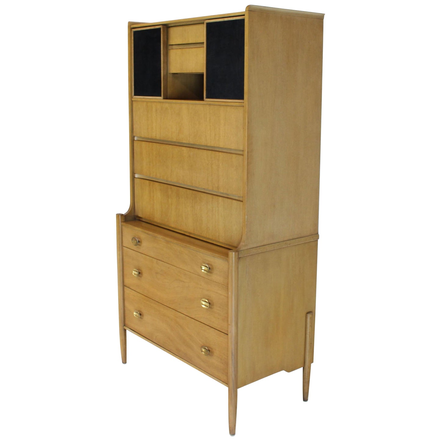 Tall Highboy Light Walnut Multi-Drawer Cabinet Sliding Leather Doors Brass Pulls