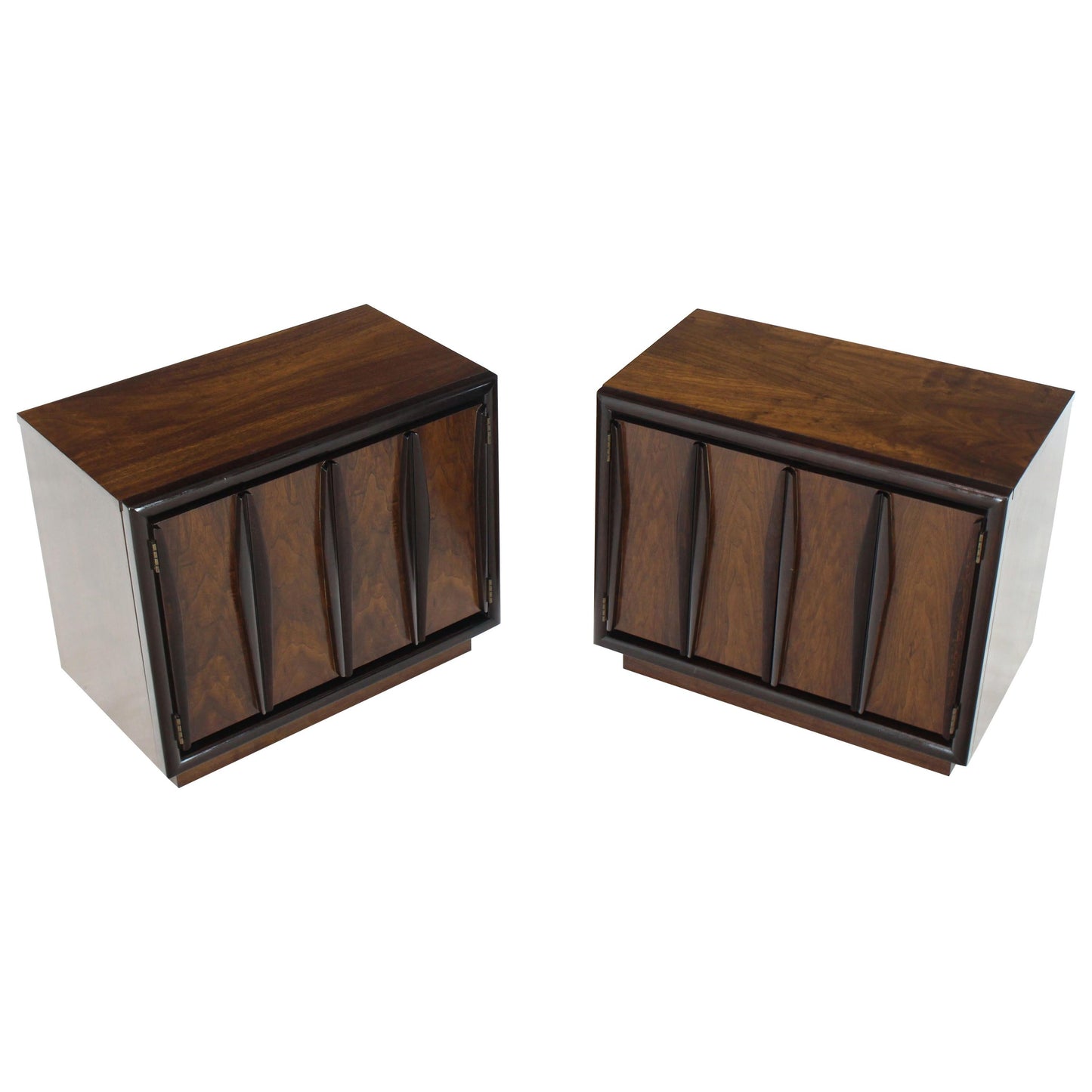 Pair of Dark & Medium Walnut End Tables or Nightstands Double Doors One Drawer