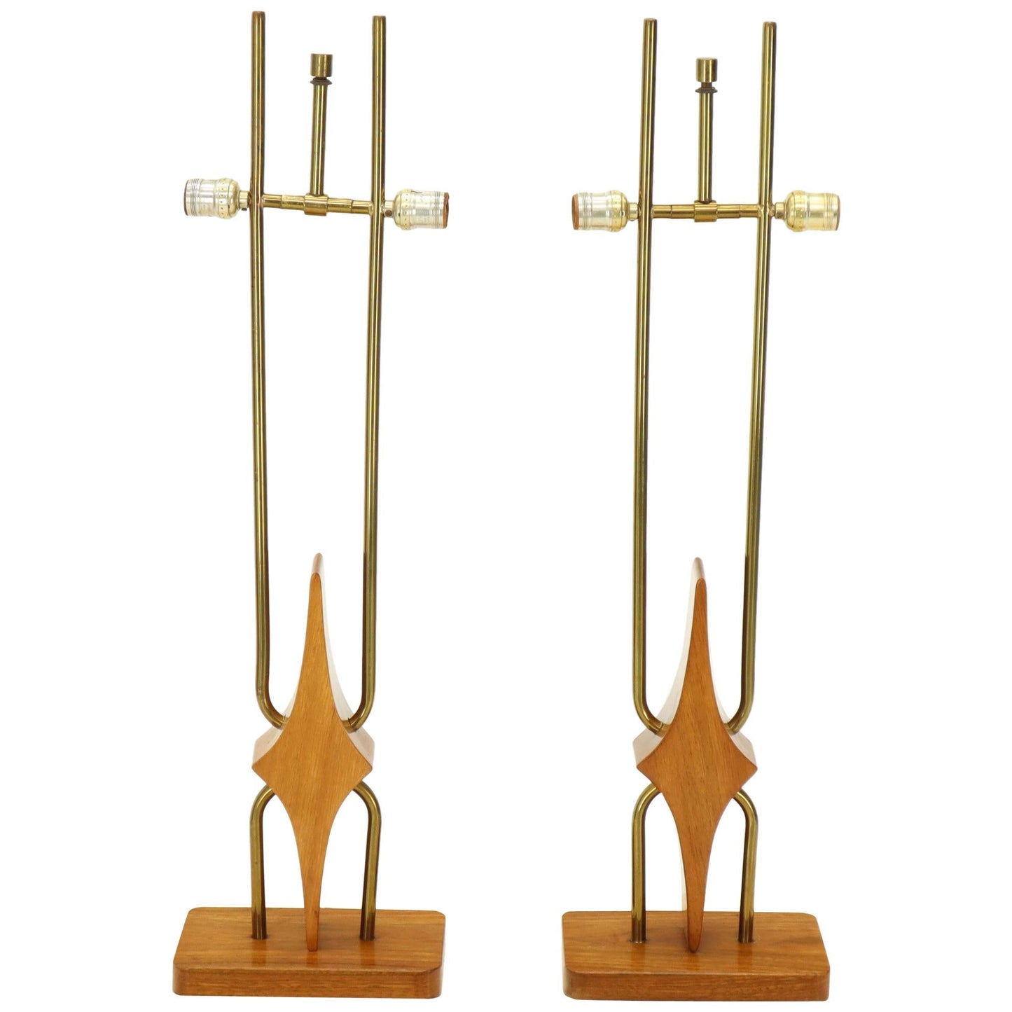 Pair of Walnut and Brass Diamond Pattern Table Lamps