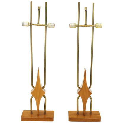 Pair of Walnut and Brass Diamond Pattern Table Lamps