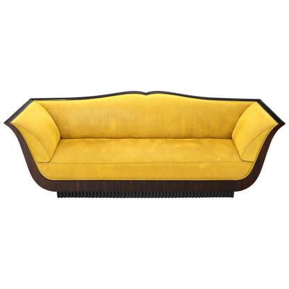 Large French Art Deco Rosewood Sofa in Gold Upholstery Scalloped Edge