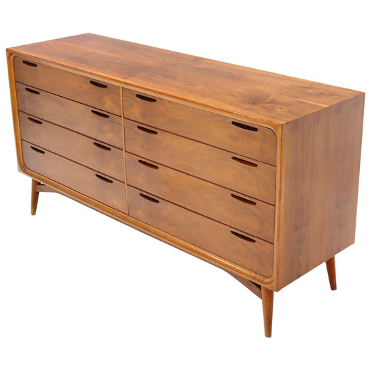 Eight Drawers Scandinavian Walnut Double Dresser on Tall Dowel Legs