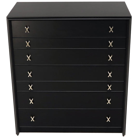 Paul Frankl Mid-Century Modern High Tall Chest Dresser in Black Lacquer Nickel