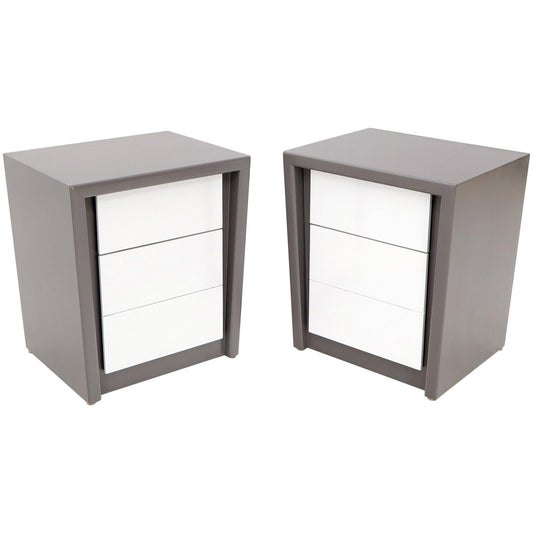 Pair of Tapered Shape Two Drawers Grey and White End Side Tables Nightstands