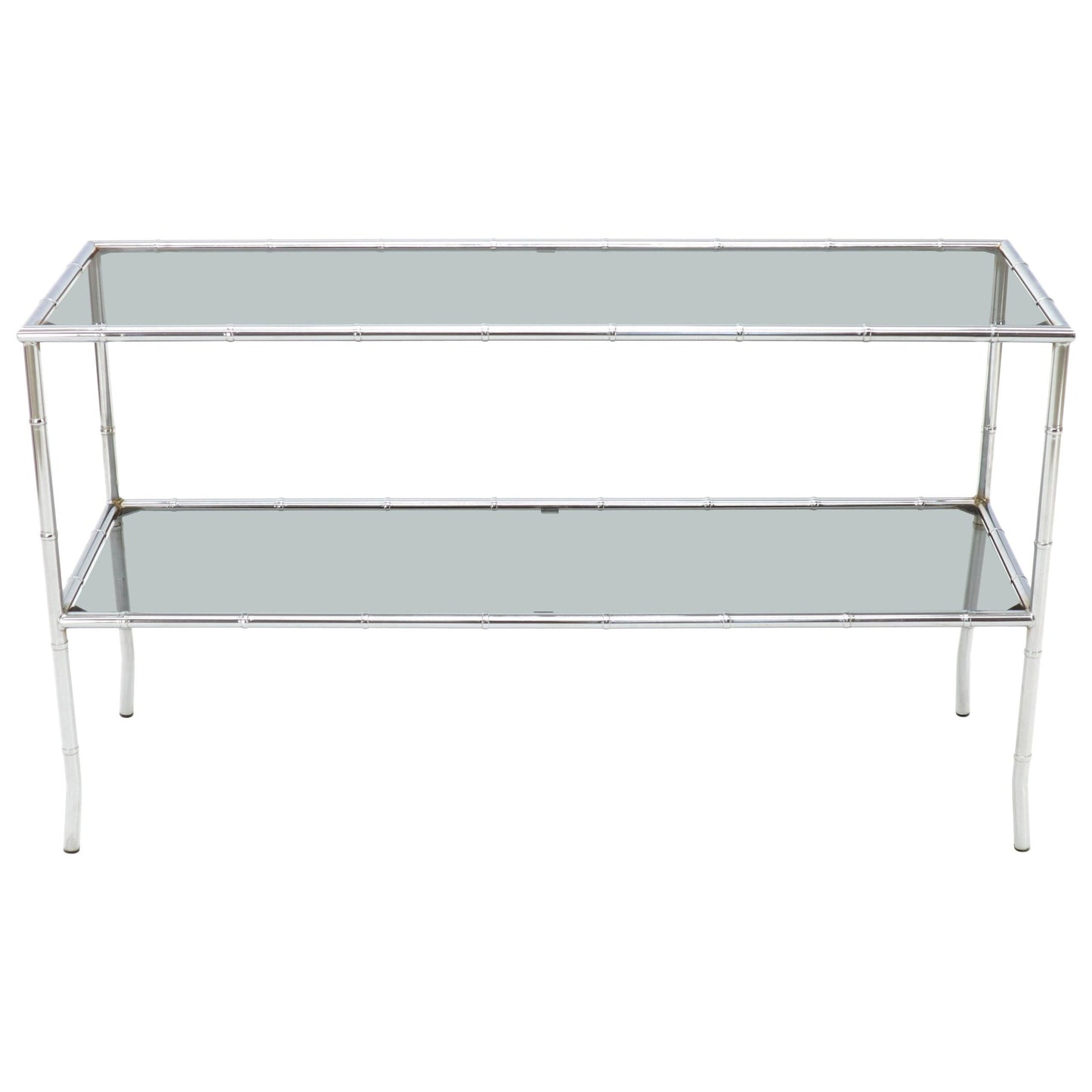 Faux Chrome Bamboo Smoked Glass Two-Tier Sofa Console Table