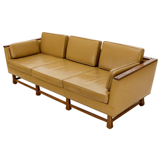 Mid-Century Modern Tan Leather Oak Frame Sofa by Ranch Oak