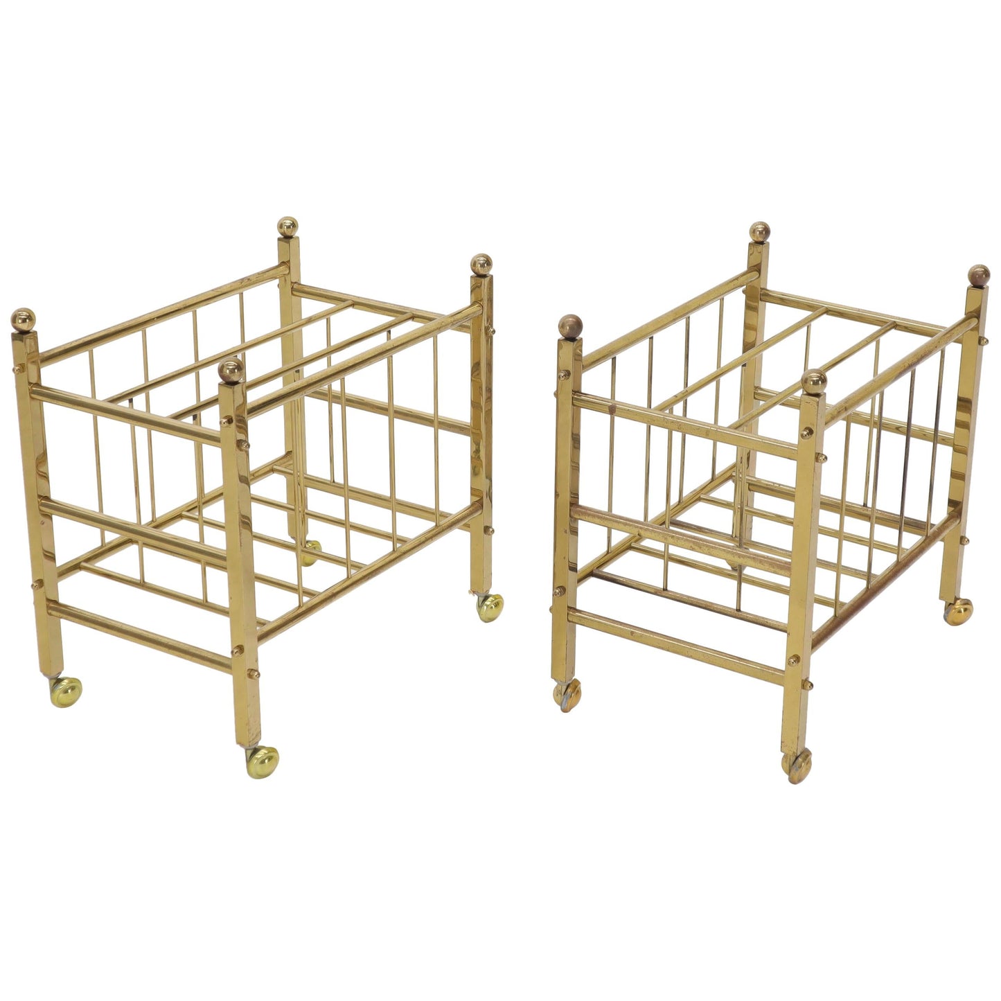 Pair of Mid-Century Modern Polished Brass Magazine Racks on Metal Casters