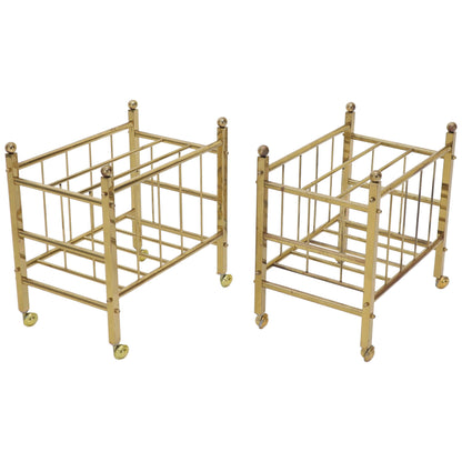 Pair of Mid-Century Modern Polished Brass Magazine Racks on Metal Casters