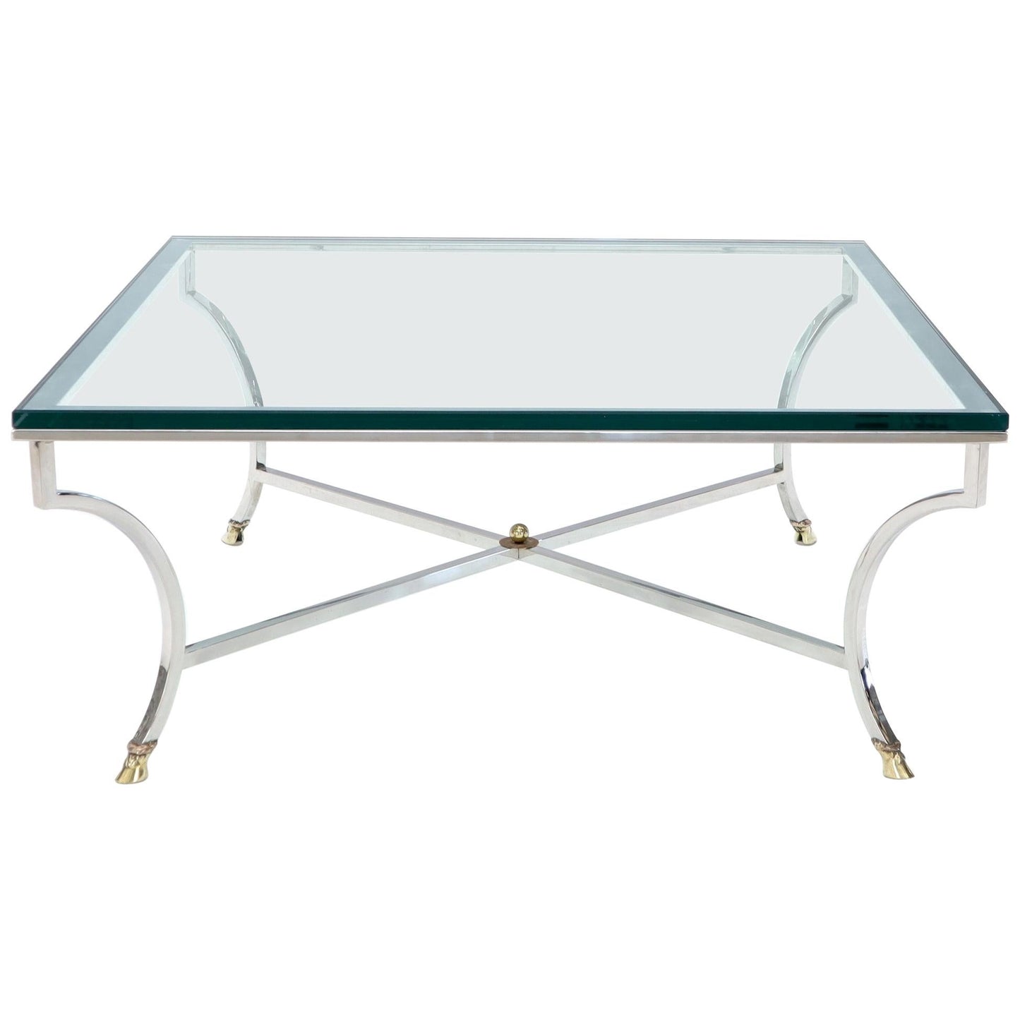 Square Chrome and Brass Hoof Feet Base Coffee Table Thick Glass Top