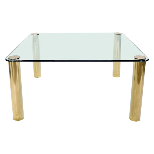 Large Square Thick Glass Top Dining Table on Brass Cylinder Legs