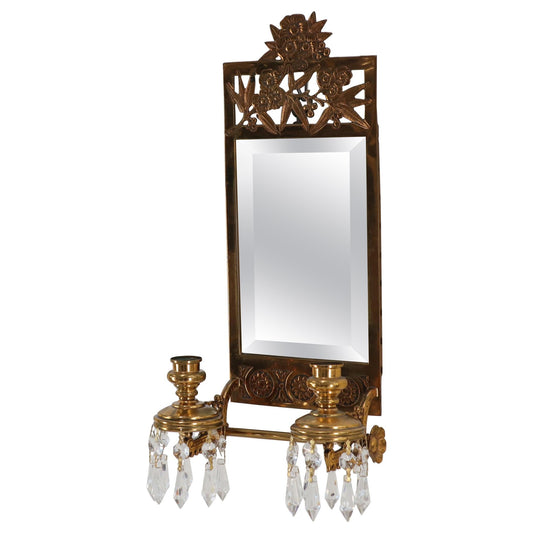 EstablishedLines Antique Brass 2 Candle Mirror Wall Sconce 16 Crystal Prisms, 1875