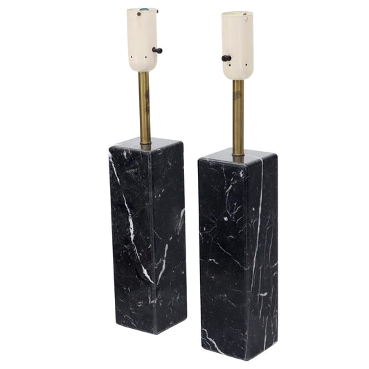 EstablishedLines Pair of Square Pedestal Shape Black Marble and Brass Table Lamps