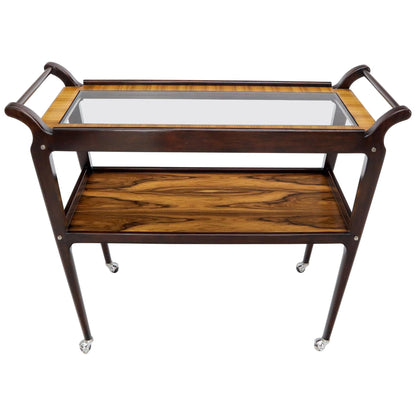 Rosewood & Glass Two Tier Serving Cart on Wheels