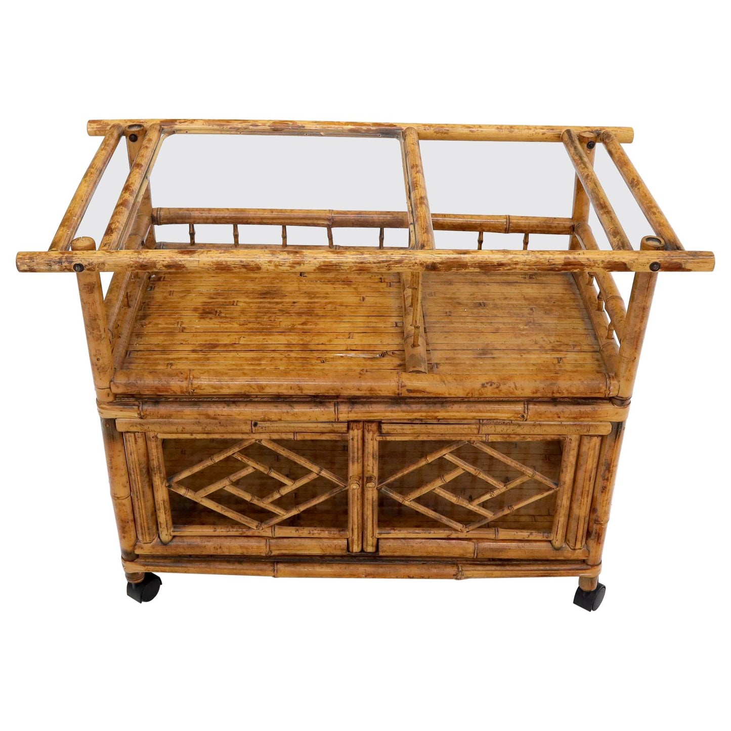 Decorative Burnt Bamboo & Glass Bar Cart