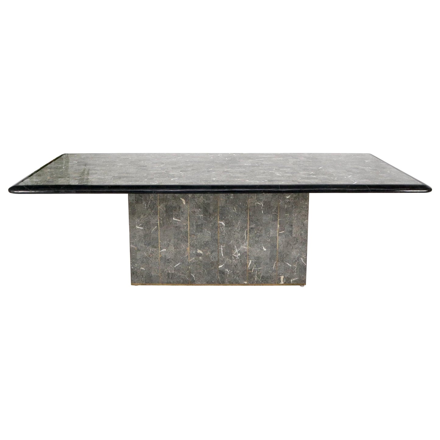 Large Tessellated Black & Grey Stone Brass Inlay Dining Table