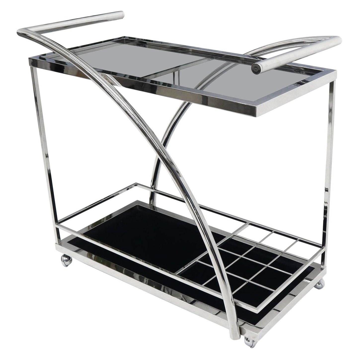 Chrome & Smoked Glass Mid-Century Modern Rolling Serving Cart Bar