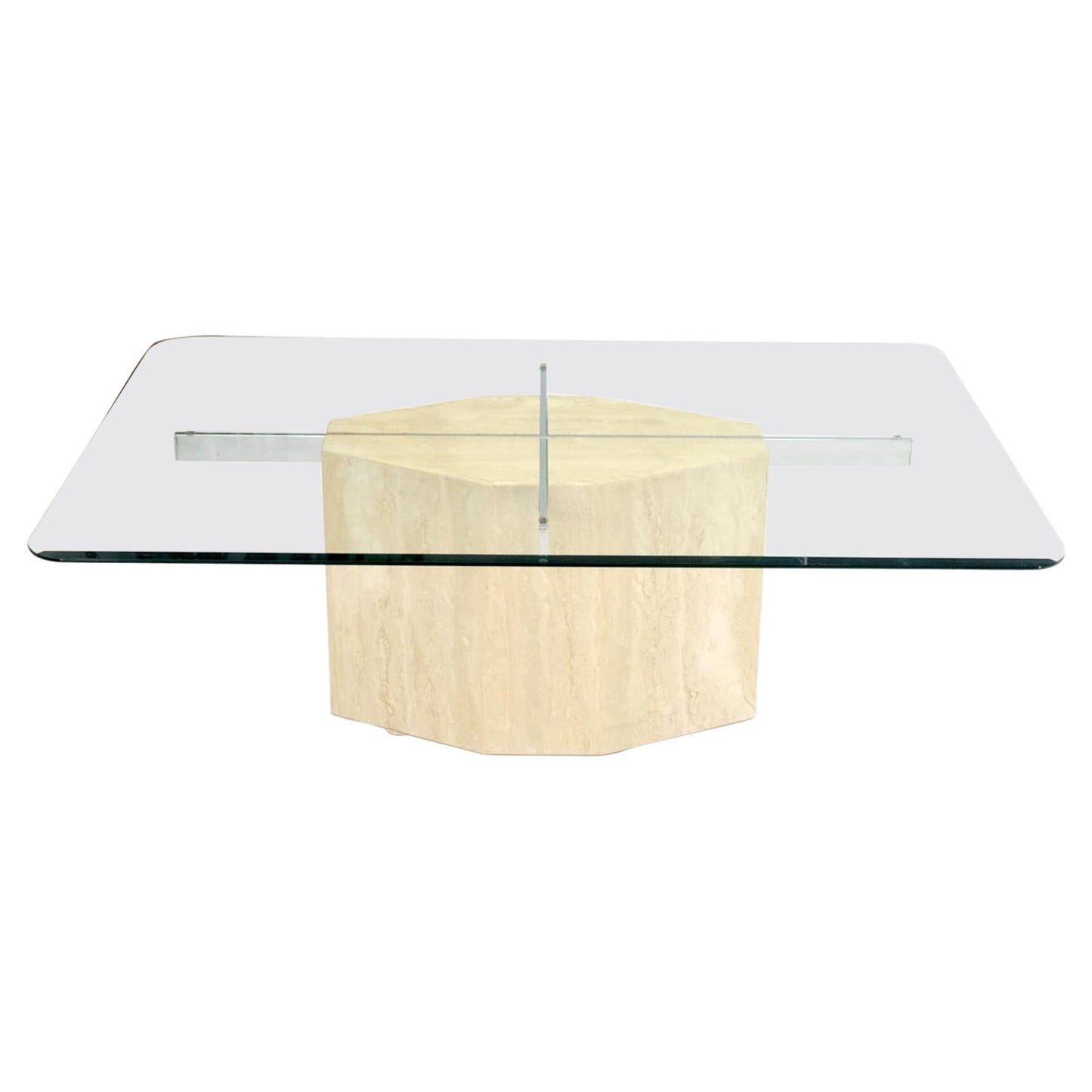 Traverting & Chrome Diamond Shape Pedestal Base Glass Top Rectangle Coffee Table