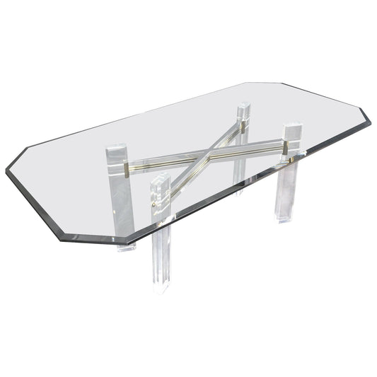 Chrome Brass & Lucite X Shape Base Beveled Glass Top Rectangle Dining Table Mint