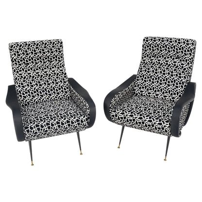 Pair Black & White Pattern Fabric Italian Mid Century Modern Lounge Chairs Mint