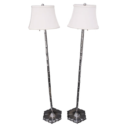 Pair of Cast Lotus Shape Bases Chrome Faux Bamboo Mid-Century Modern Floor Lamps