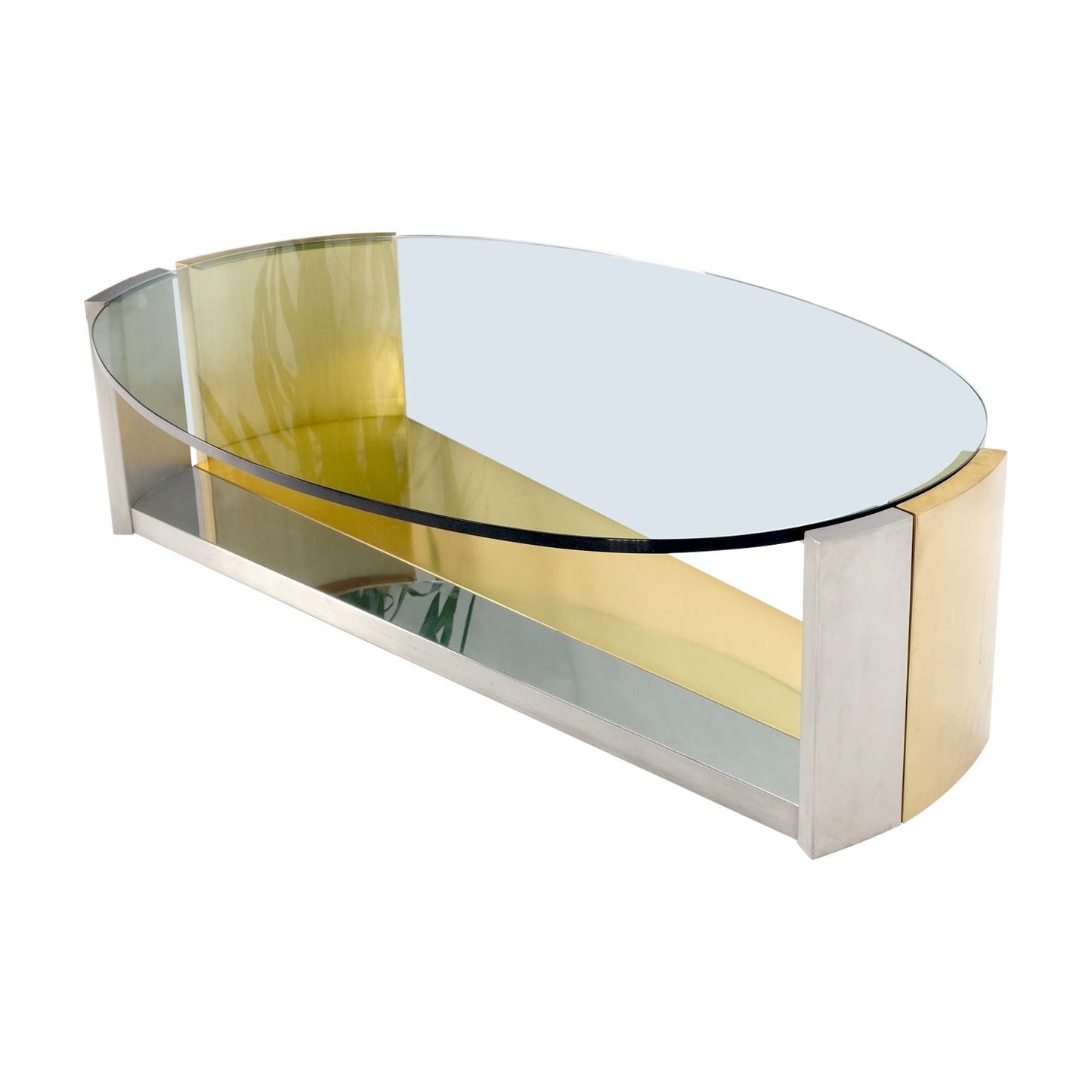 Large Oval Glass Top Brushed Stainless & Brass Base Coffee Table Nice