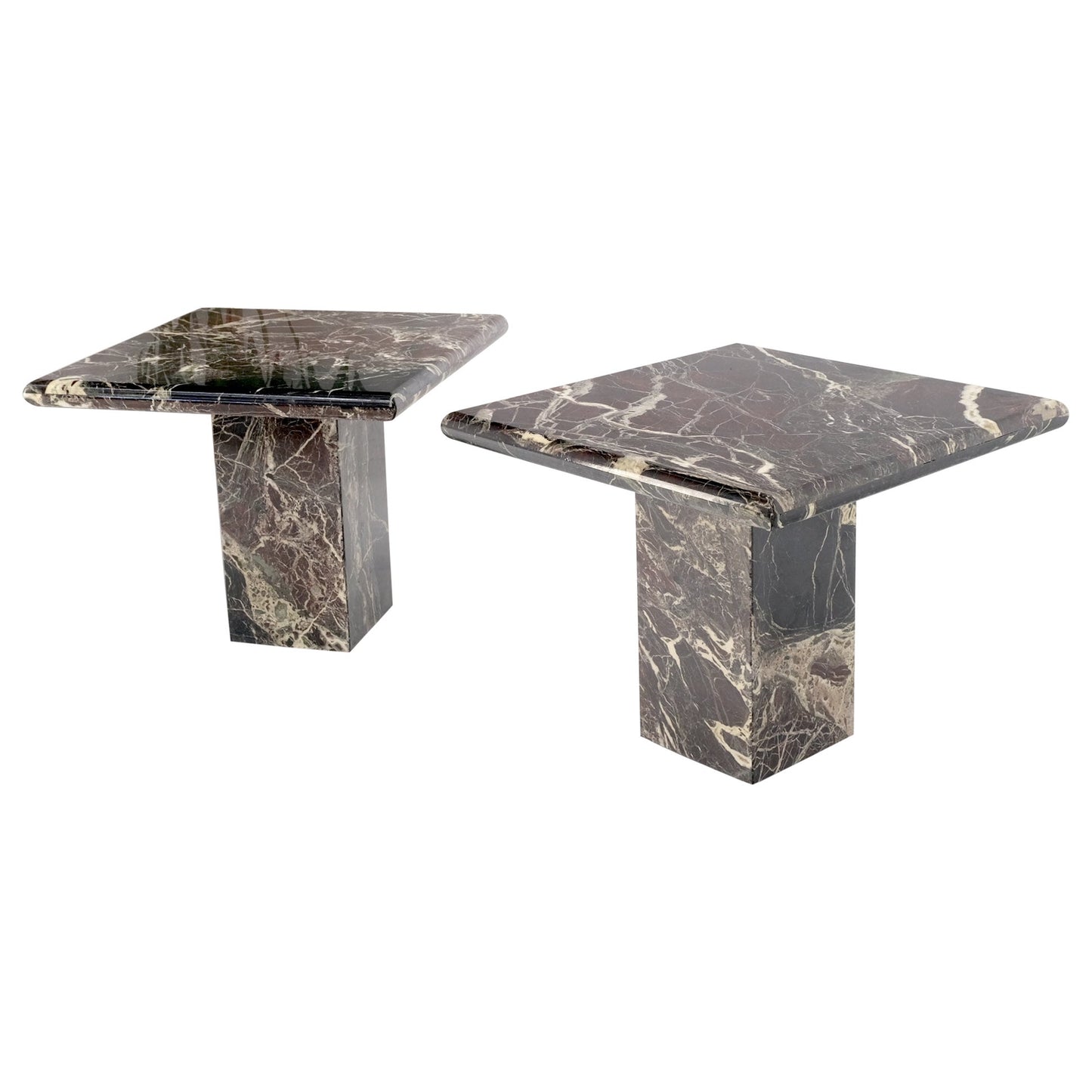 Pair of Square Black & Dark Red & White Veins Marble Side End Tables Stands Mint