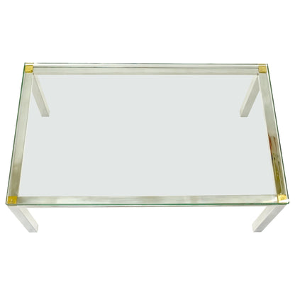 Polished Stainless Steel & Brass Glass Top Rectangle Coffee Table Mid Century