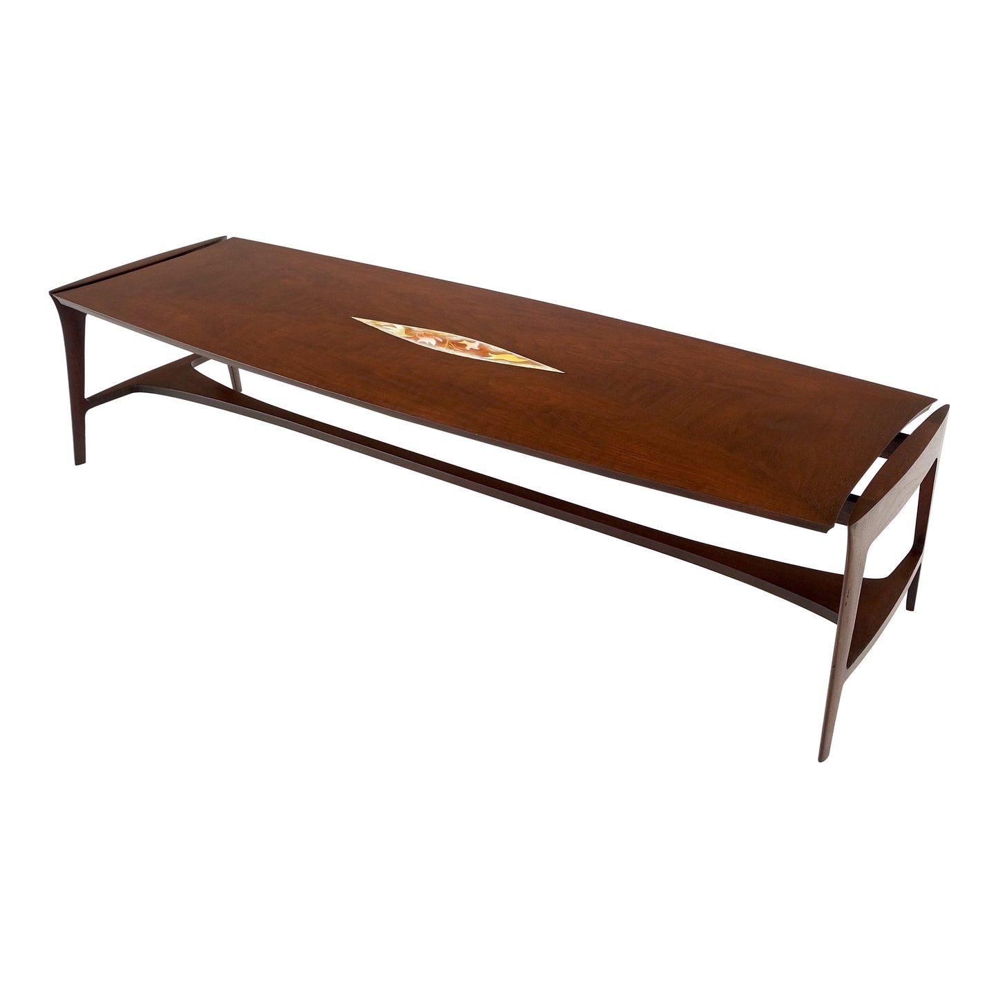 Oiled Walnut Tile Insert Floating Top Mid-Century Long Surfboard Coffee Table