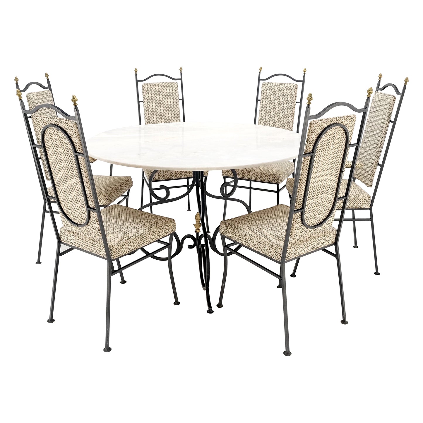 Wrough Iron Round White Marble Top Dining Table 6 Chairs w/ Brass Finials Set