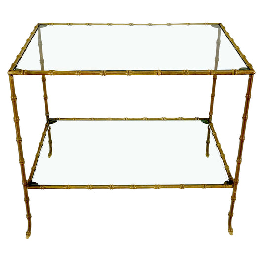 Solid Bronze Two Tier Faux Bamboo Glass Top Rectangle Side End Table Nice Patina