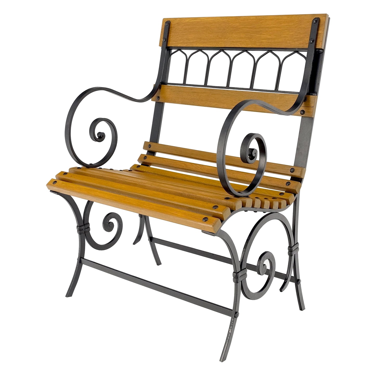 Restored 1920s Wrought Iron & Oak Slat Park Bench Mint!