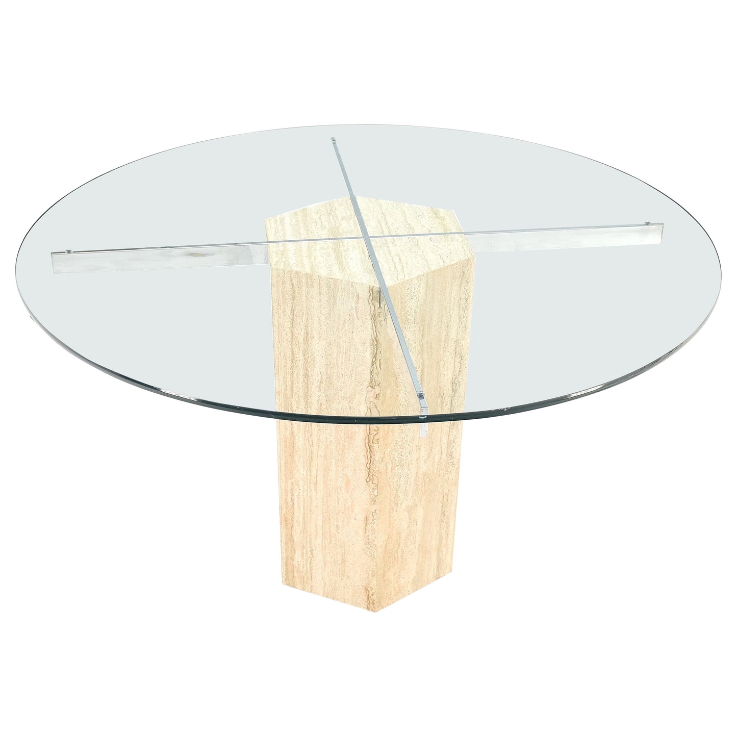 Hexagon Italian Travertine Base Glass Rond Top Mid-Century Modern Dining Table