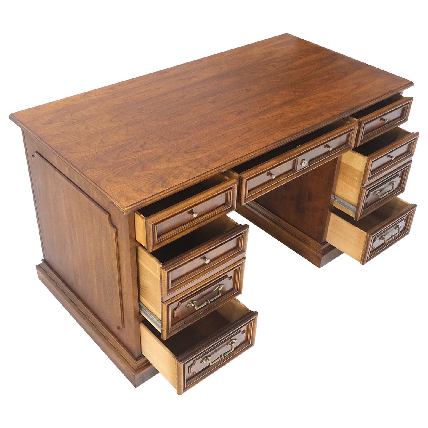 Double Pedestal Brass Hardware Walnut Desk File Drawer Mint