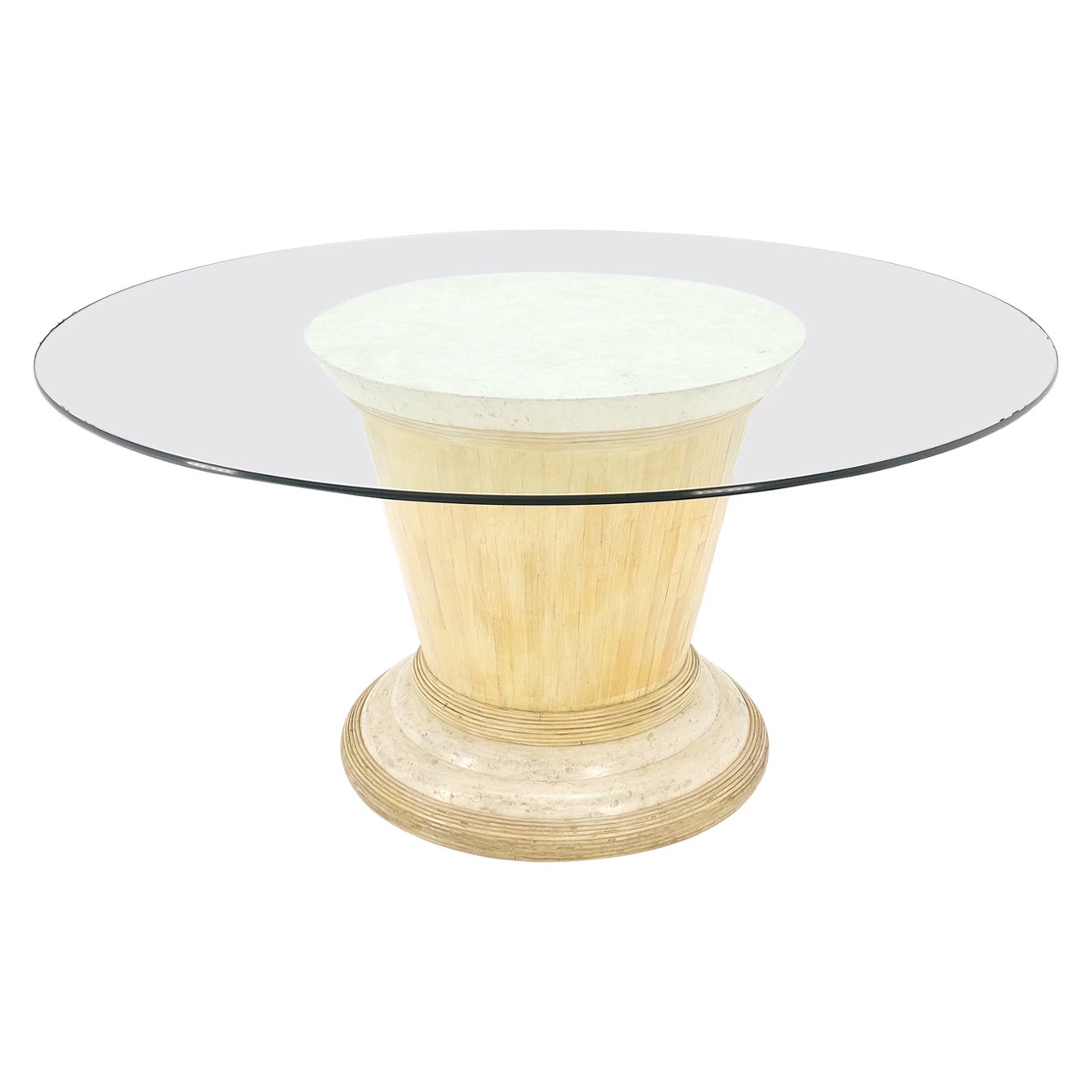 Tessellated Tile Bamboo Single Pedestal 3/4" Thick Round Glass Top Dining Table