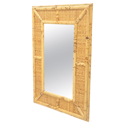 Compact Rectangle Bamboo Frame Decorative Mid Century Modern c1970s Wall Mirror