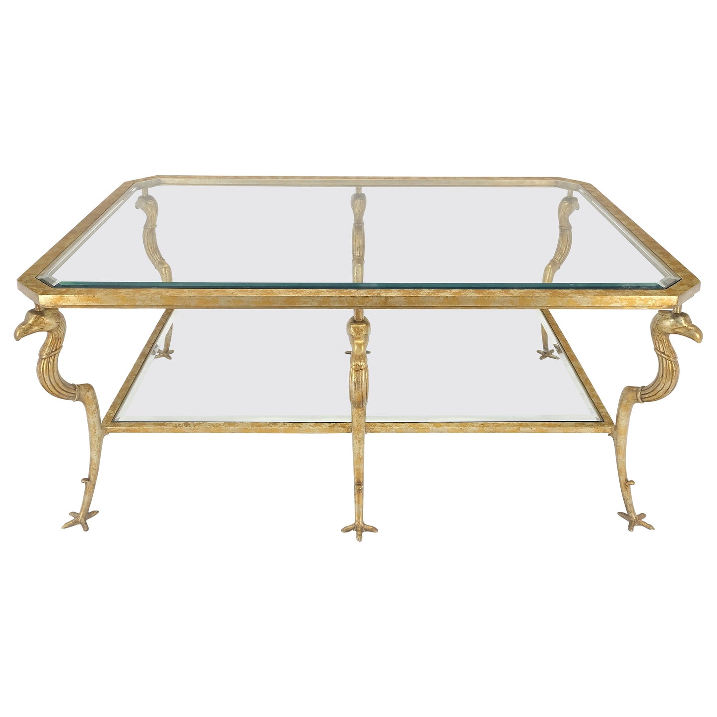 Silver Gilt Metal Glass Top Two Tier Eagle & Claw Motive Rectangle Coffee Table