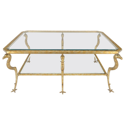 Silver Gilt Metal Glass Top Two Tier Eagle & Claw Motive Rectangle Coffee Table