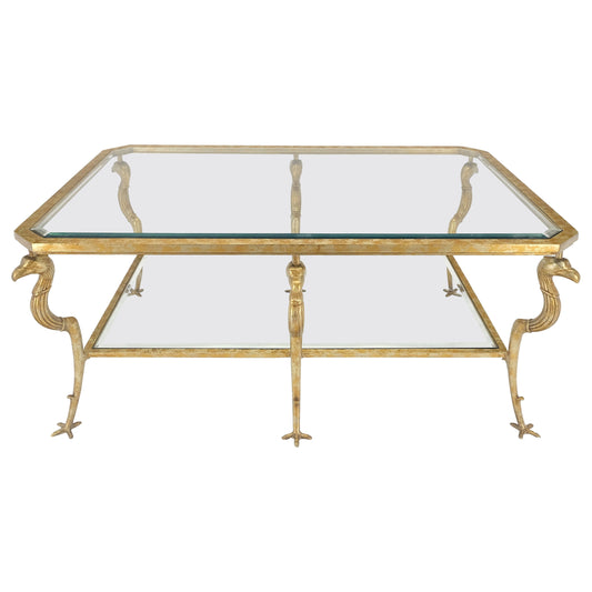 Silver Gilt Metal Glass Top Two Tier Eagle & Claw Motive Rectangle Coffee Table