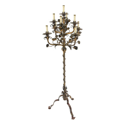 Candelabra Forged Golt Gilt Metal Flowers & Leafs Motive Italian Floor Lamp NICE