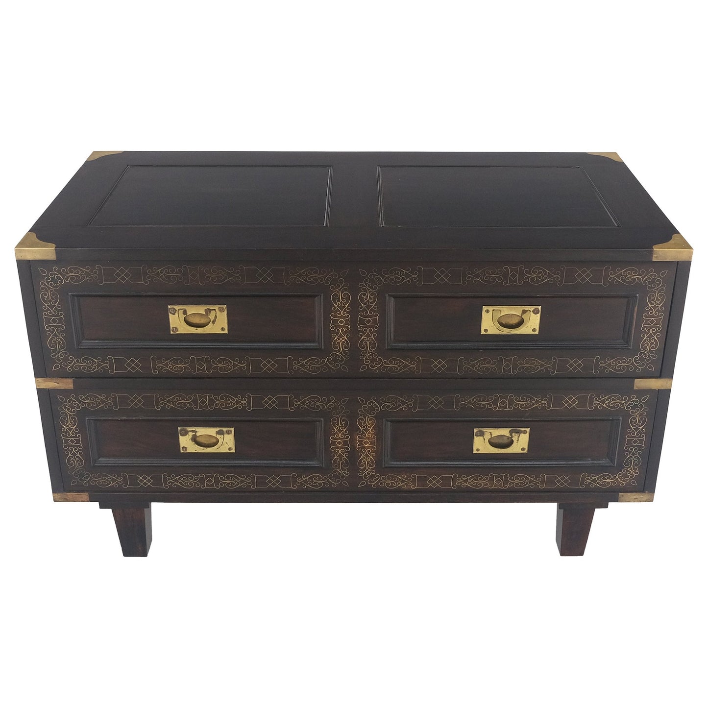 Campaign Style Ebonized Mahogany Brass Inlay Two Drawers Small Dresser Chest