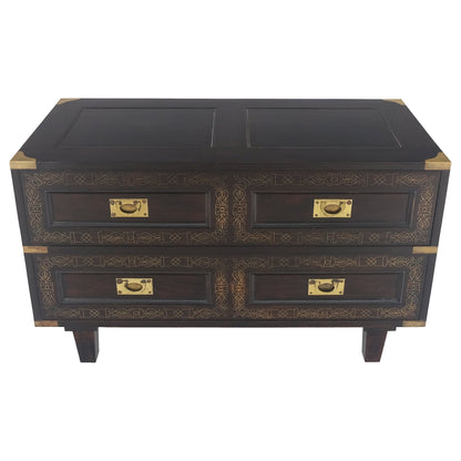 Campaign Style Ebonized Mahogany Brass Inlay Two Drawers Small Dresser Chest