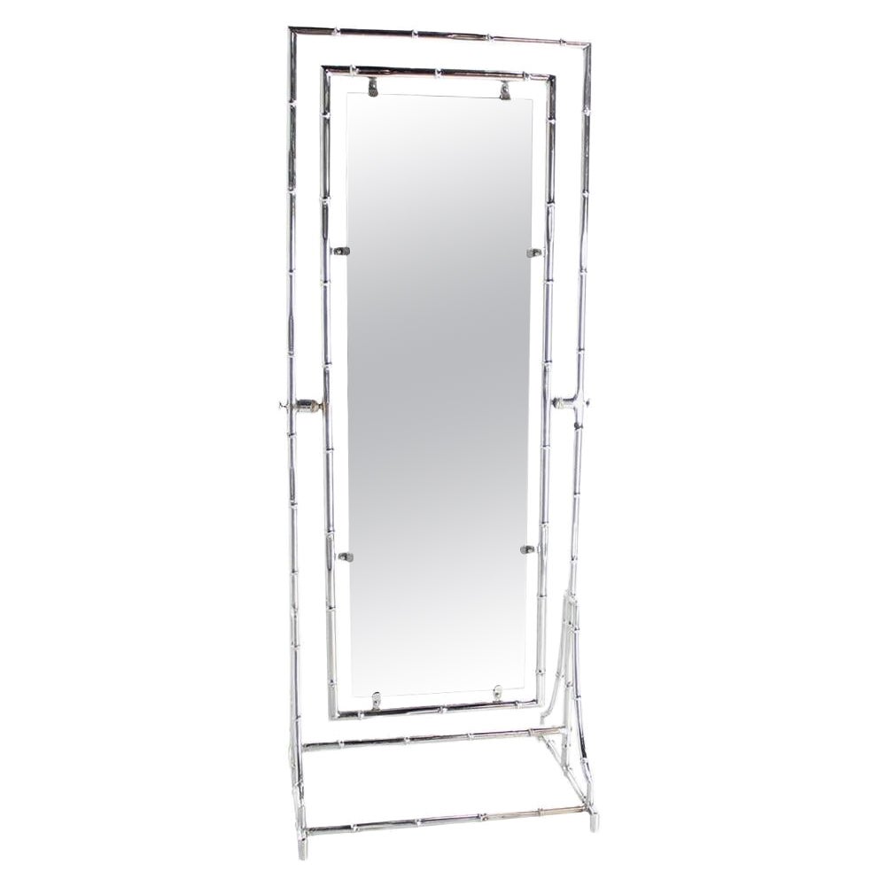 Mid Century Modern Chrome Faux Bamboo Metal Cheval Floor Mirror Double Sided