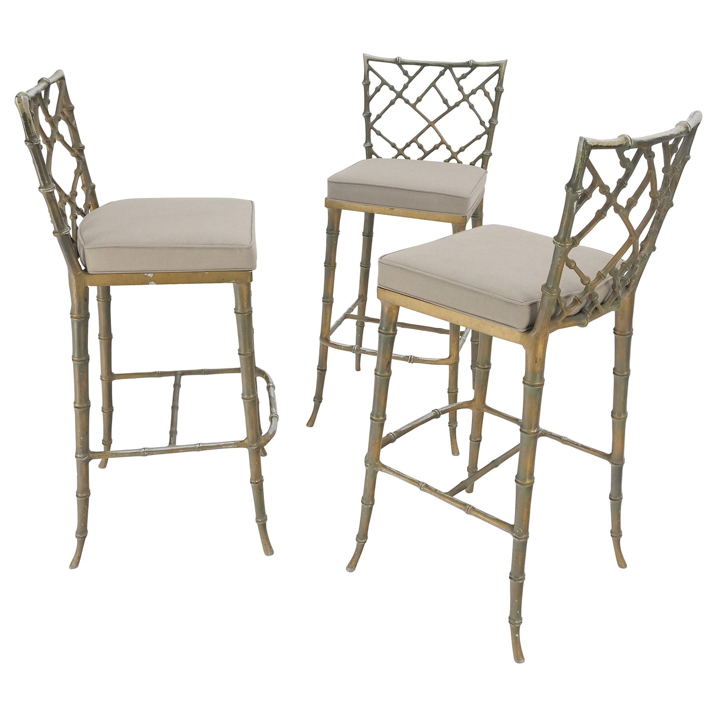 Cast Aluminum set of 3 Faux Bamboo Bar Stools New Alcantera Fabric Upholstery