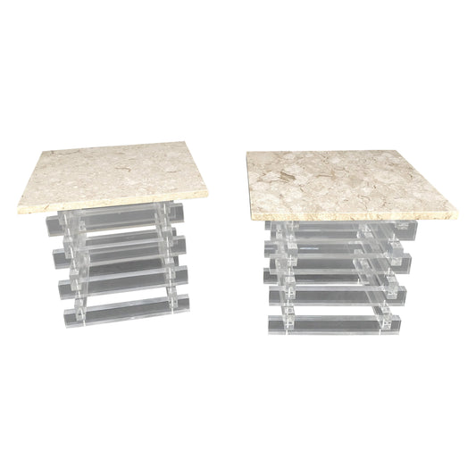 Pair Stacked Lucite Square Marble Travertine Tops End Side Occasional Tables